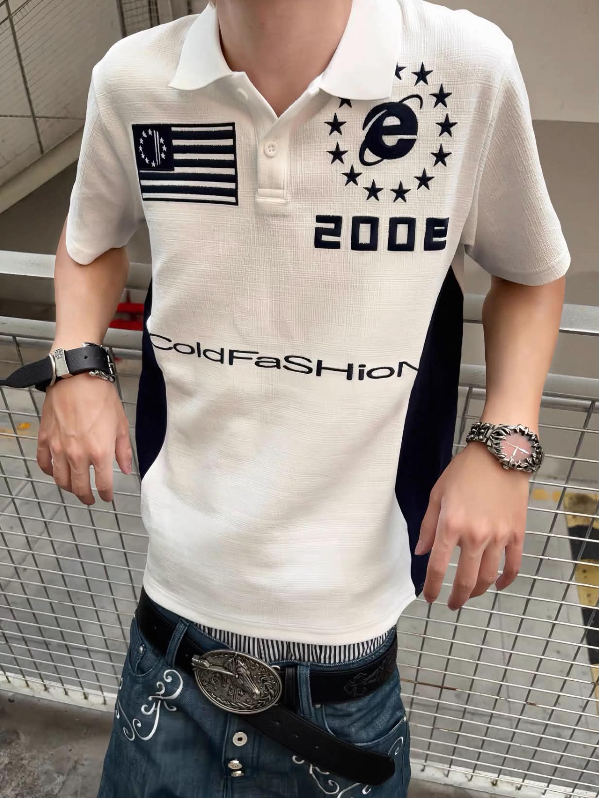 ColdAsia Flag 200E Spliced Polo – Embroidered Streetwear Top