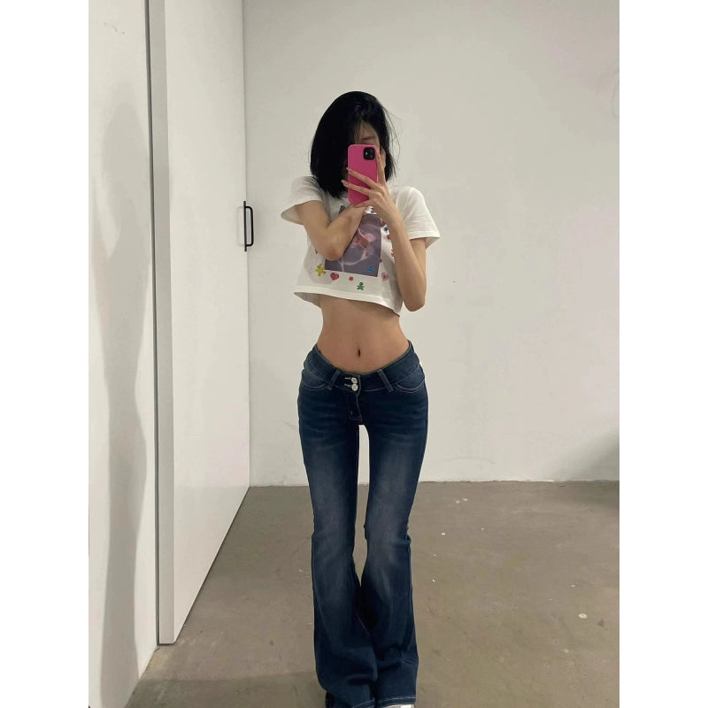 American Lace Hot Girl Low Waist Micro-flare Jeans For Women In Spring Design, Elastic Slim Fit And Slim Horseshoe Trousers