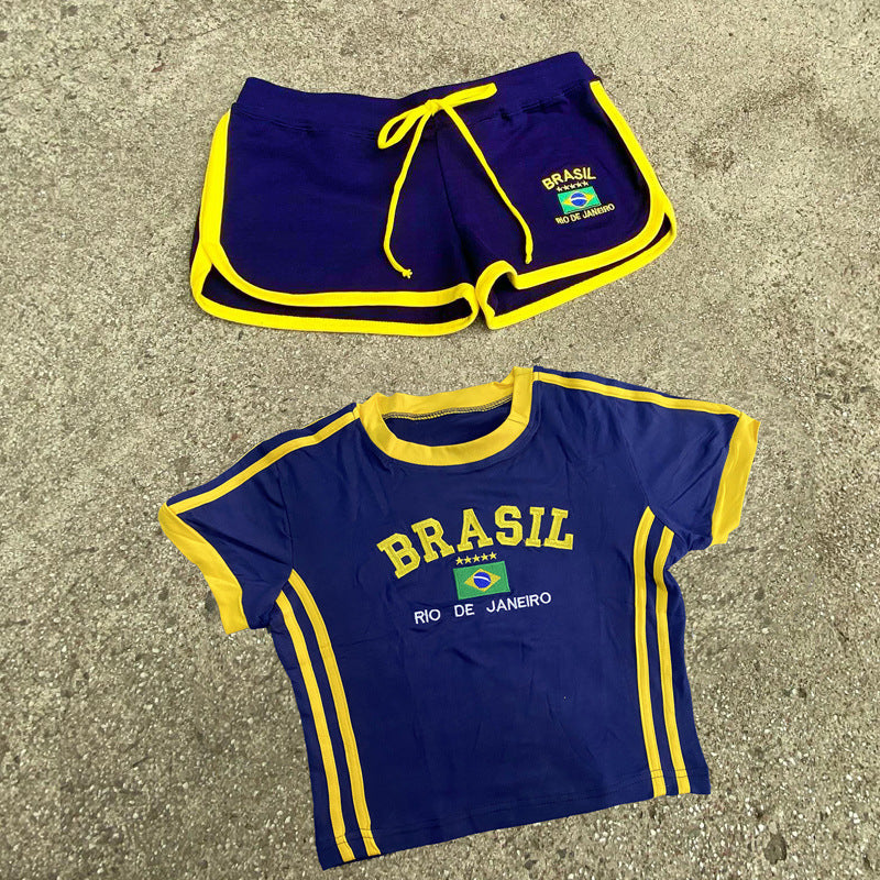 2024 New Shorts Summer Top Suit Brazilian Letter Embroidered Women Suit Casual Y2K Sporty Style
