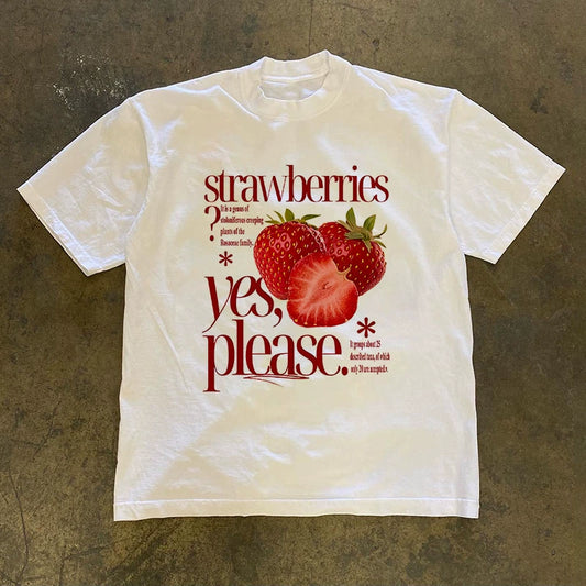 IGEUMM 260g Heavyweight American Retro Niche Strawberry Letter Print Casual Loose Cotton Short-sleeved T-shirt For Women