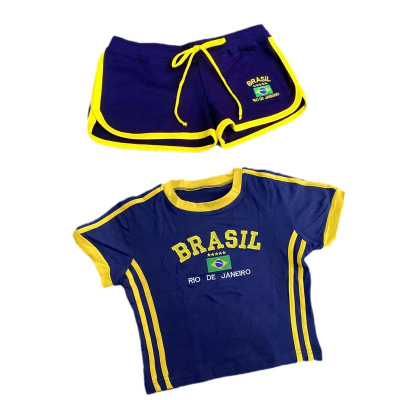2024 New Shorts Summer Top Suit Brazilian Letter Embroidered Women Suit Casual Y2K Sporty Style
